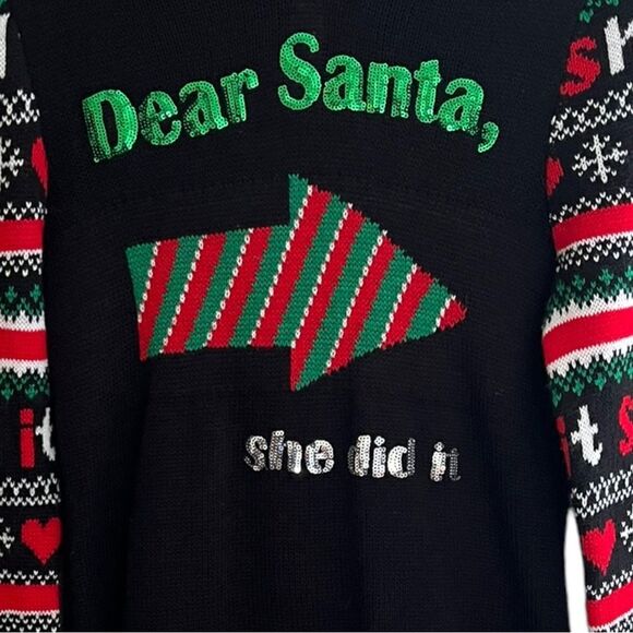 😊 3/$30 “She did it" Dear Santa Sweater WomenSz M ugly Christmas Sweater w/hood - Picture 1 of 10